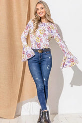 Floral Printed Bell Sleeve Casual Top And the Why MUSTARD MAUVE L